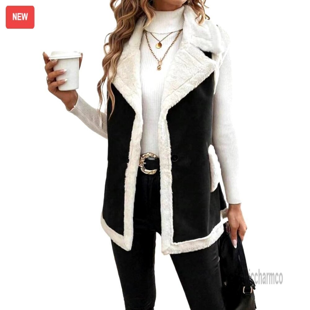 Women's Sherpa Lined Suede Vest Jacket Sleeveless Warm Faux Fur Outerwear